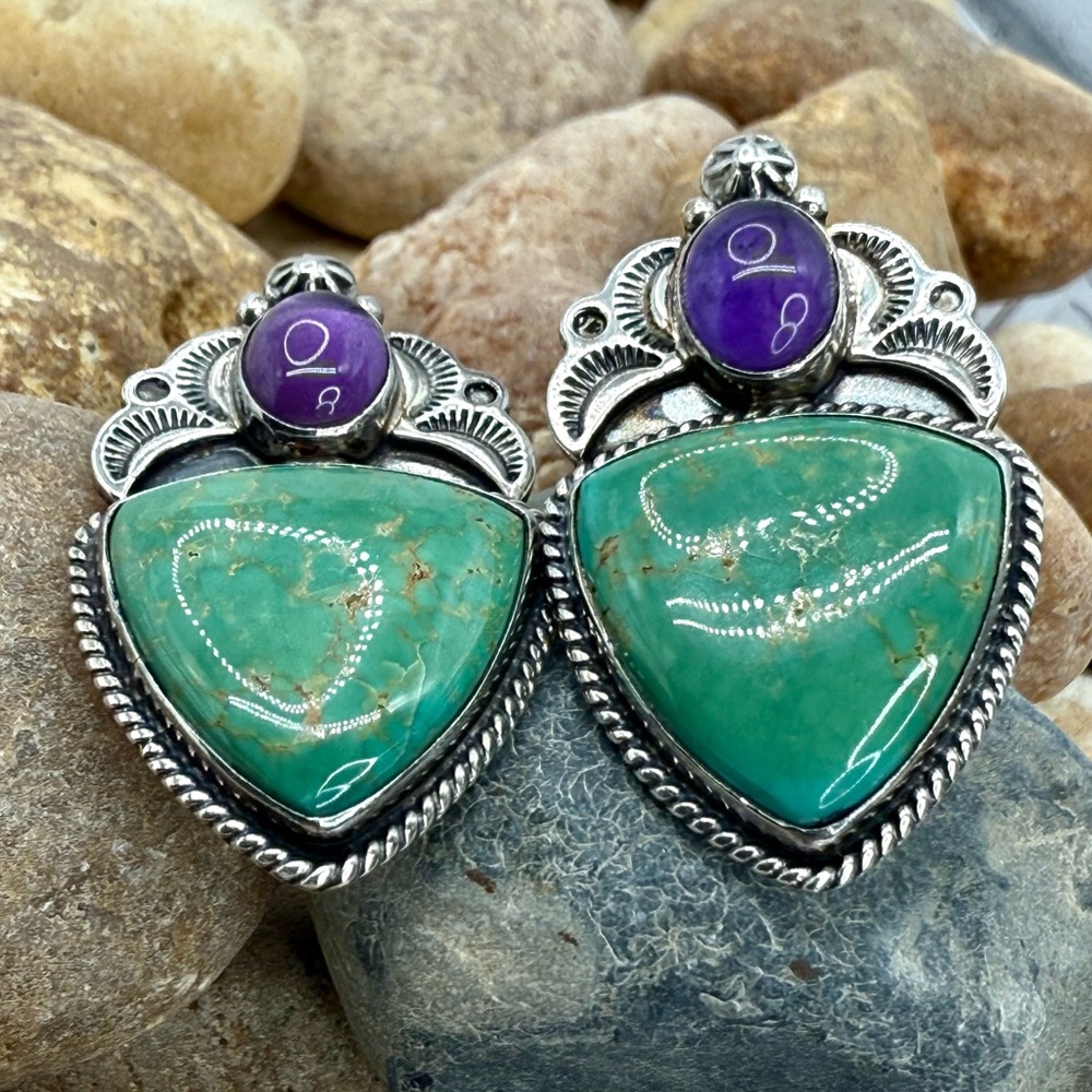 Native American Sterling Silver Turquoise & Amethyst Earrings “Revé” – 22.64g - Picture 9 of 17